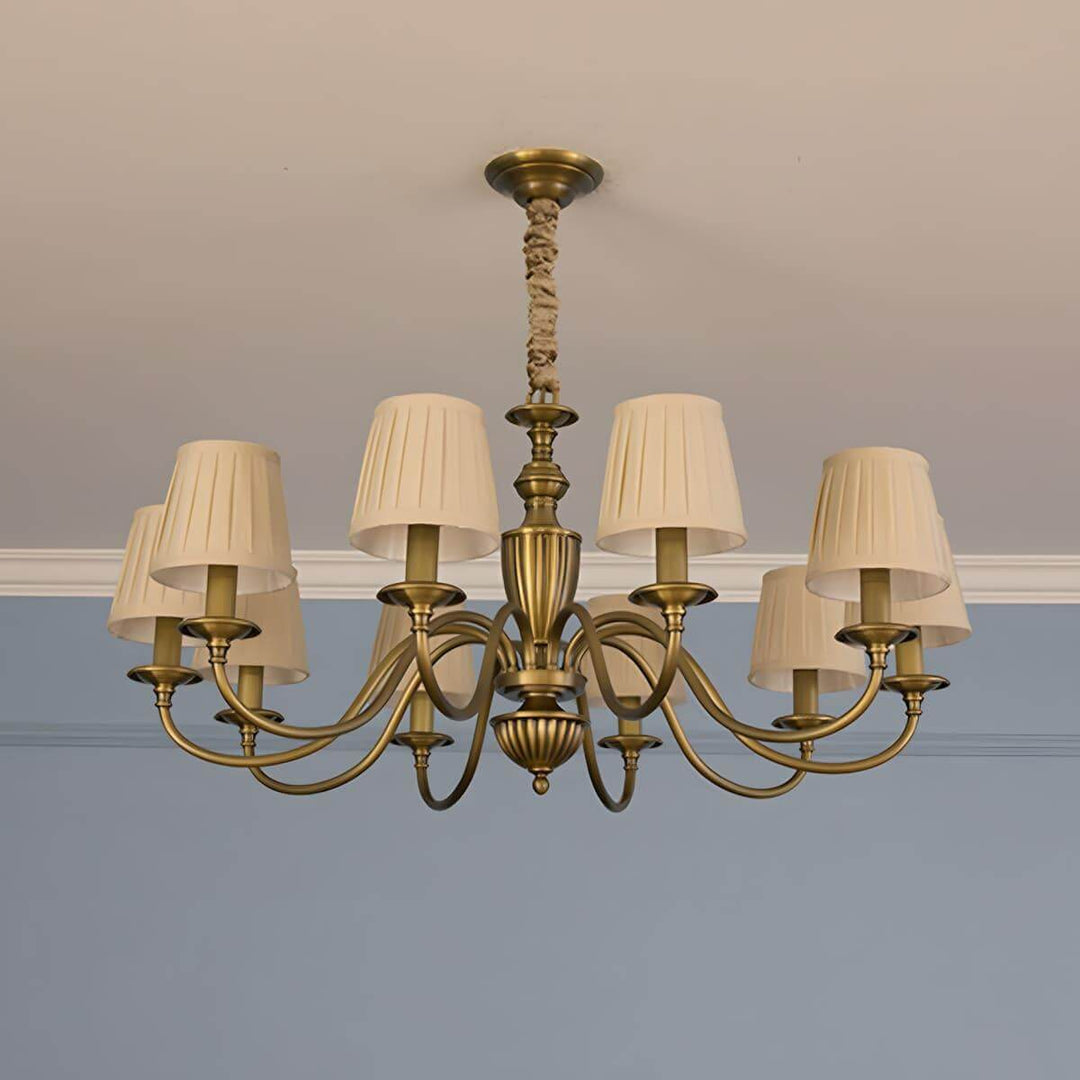 Ten-light Eryn chandelier with beige pleated shades and a brass frame.