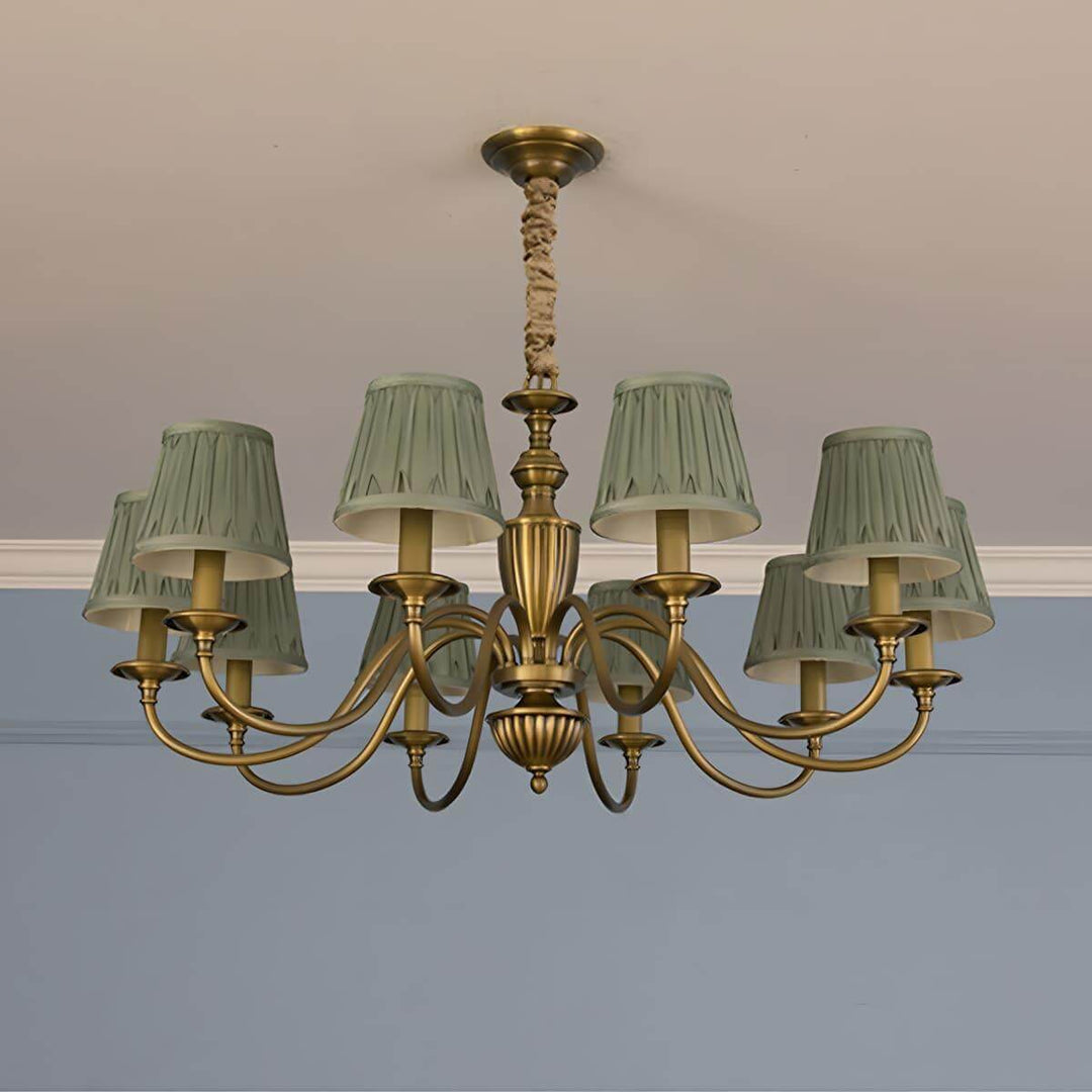 Ten-light Eryn chandelier with green pleated shades and a brass frame.