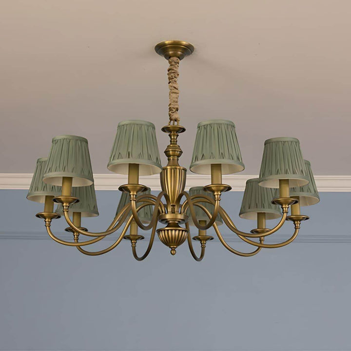 Ten-light Eryn chandelier with green pleated shades and a brass frame.