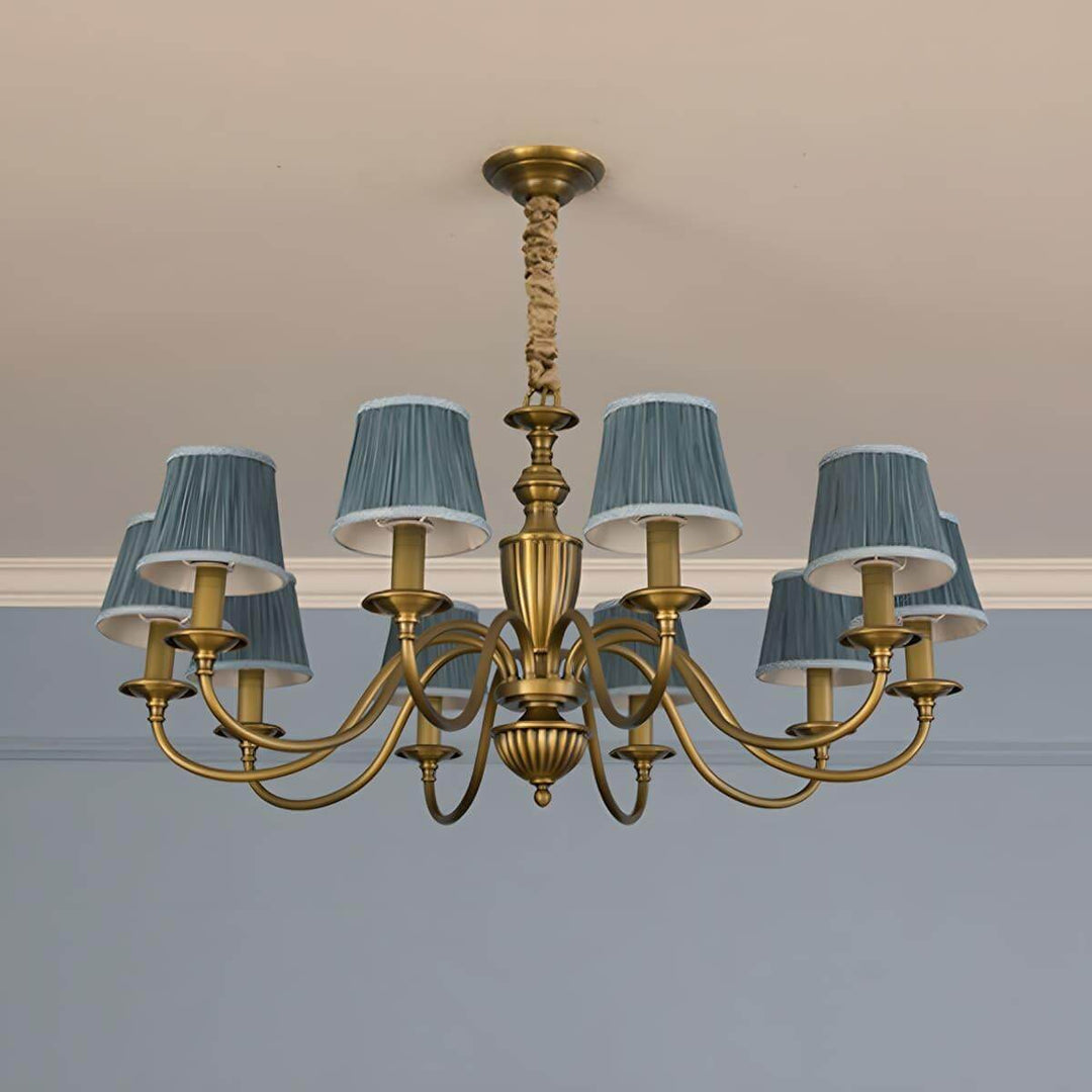 Ten-light Eryn chandelier with lake blue pleated shades and a brass frame.