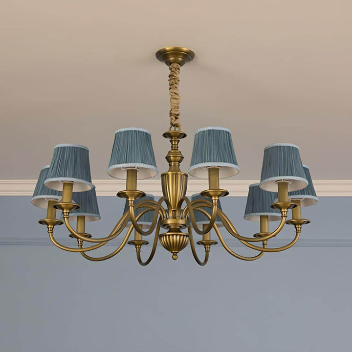 Ten-light Eryn chandelier with lake blue pleated shades and a brass frame.
