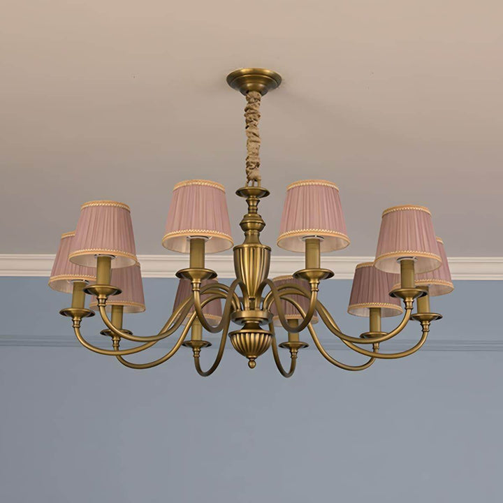 Ten-light Eryn chandelier with purple pleated shades and a brass frame.
