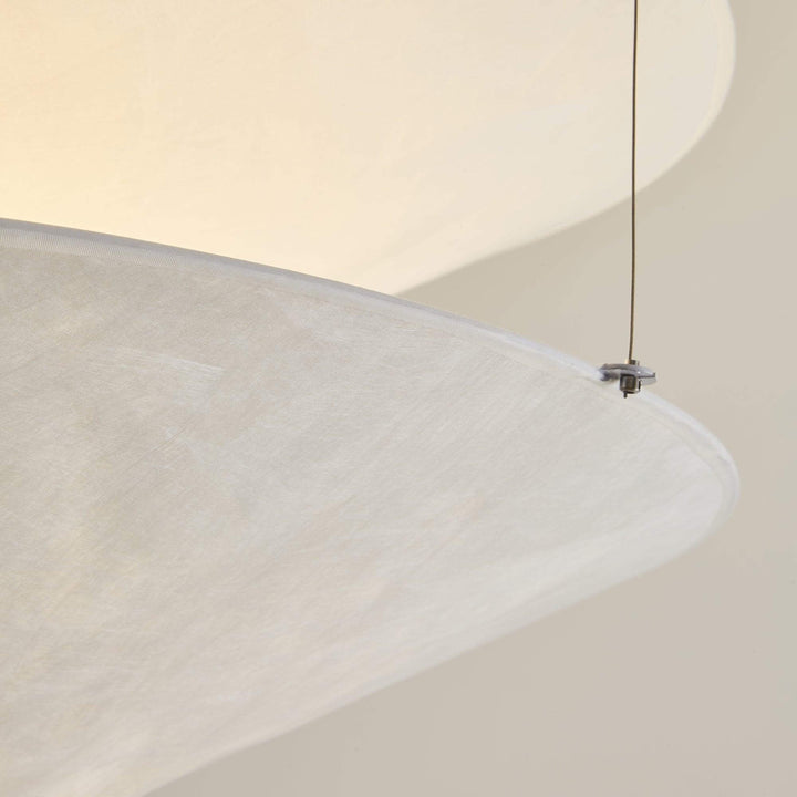Close-up of the white shade edge and wire connector on the pendant light.