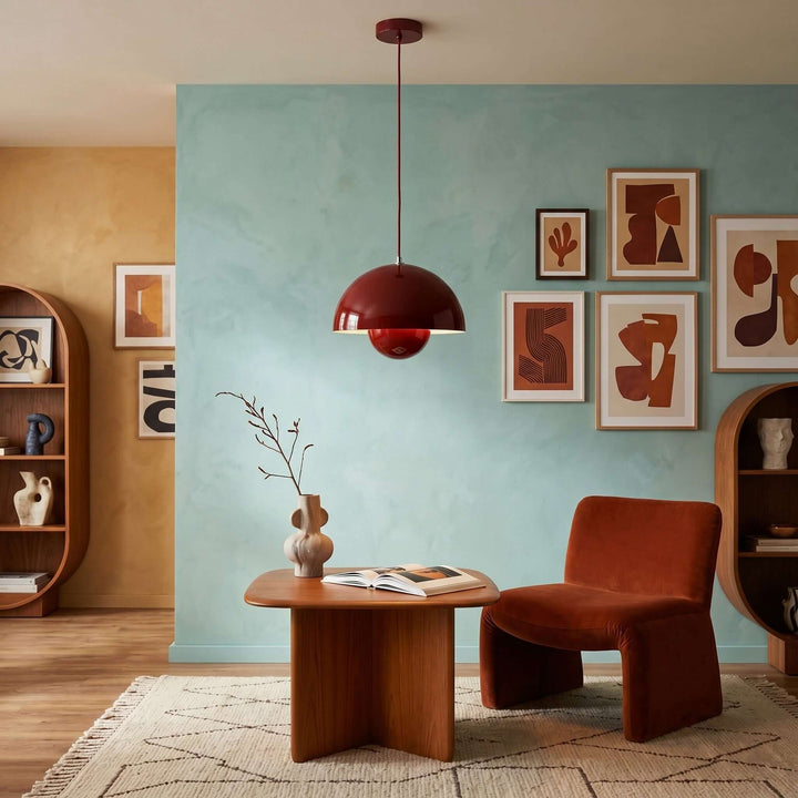 Red-brown Flowerpot pendant lamp shown in a colorful lounge setting.