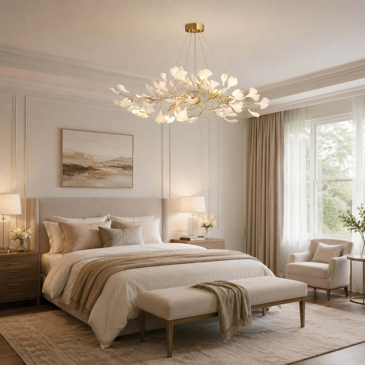 Ceramic leaf chandelier above a bed in a soft modern bedroom scene.