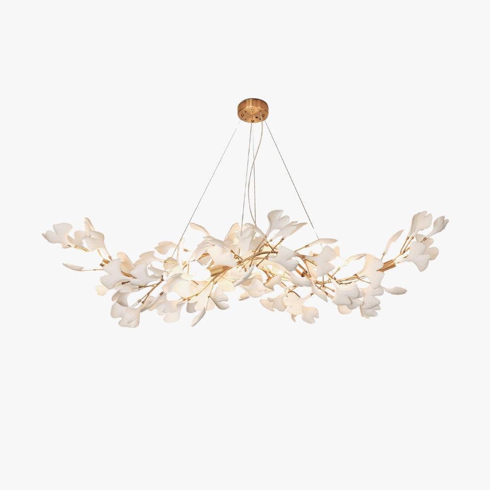 Gingko Style C chandelier with white ceramic leaf shades and a rose gold frame on a white background.