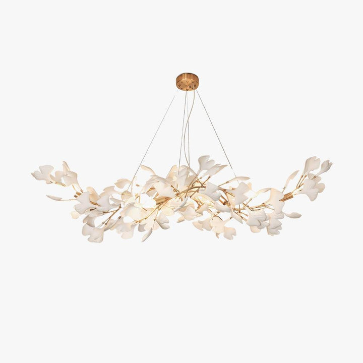 Gingko Style C chandelier with white ceramic leaf shades and a rose gold frame on a white background.