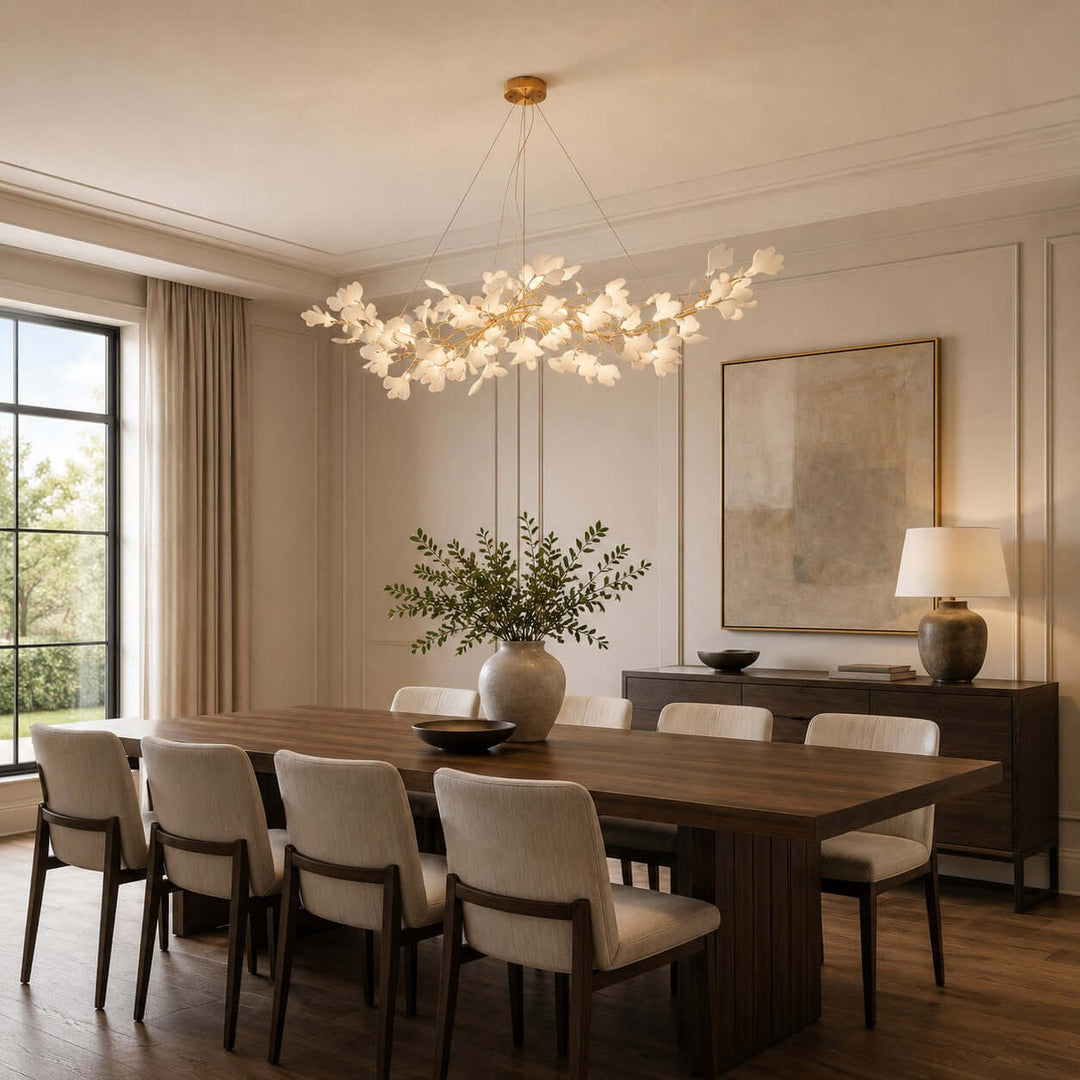 Gingko ceramic leaf chandelier centered over a dining table in a warm dining room.