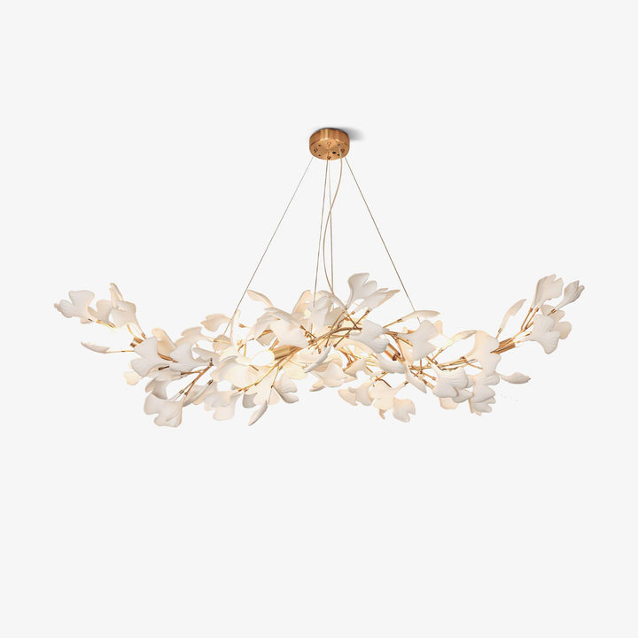 Gingko Style C chandelier with ceramic leaf shades shown on a white background.