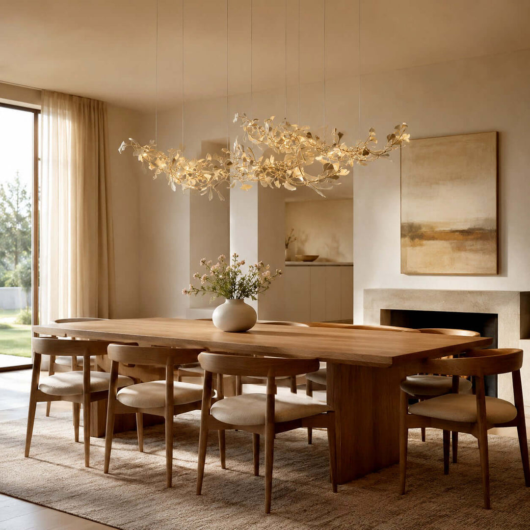 Linear ceramic leaf chandelier hanging over a long wooden dining table.