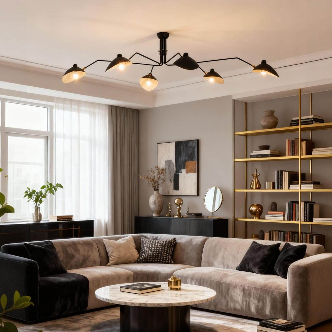 Black ceiling light with angled shades glowing in a living room.
