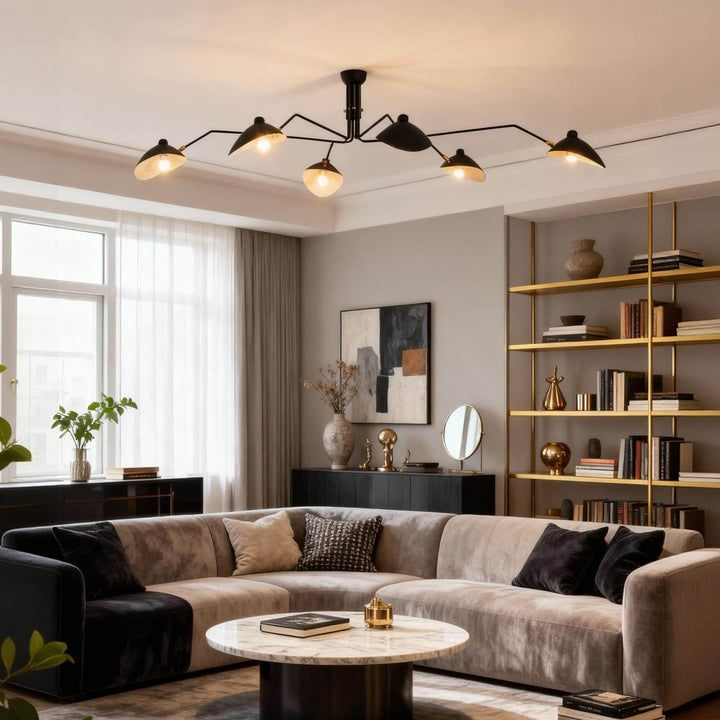 Black ceiling light with angled shades glowing in a living room.