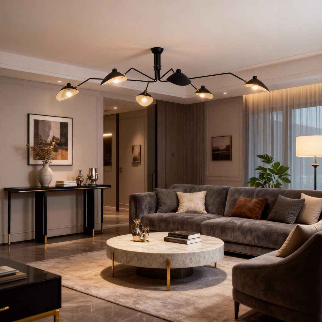 Black ceiling light with multiple angled shades above a living room sofa.