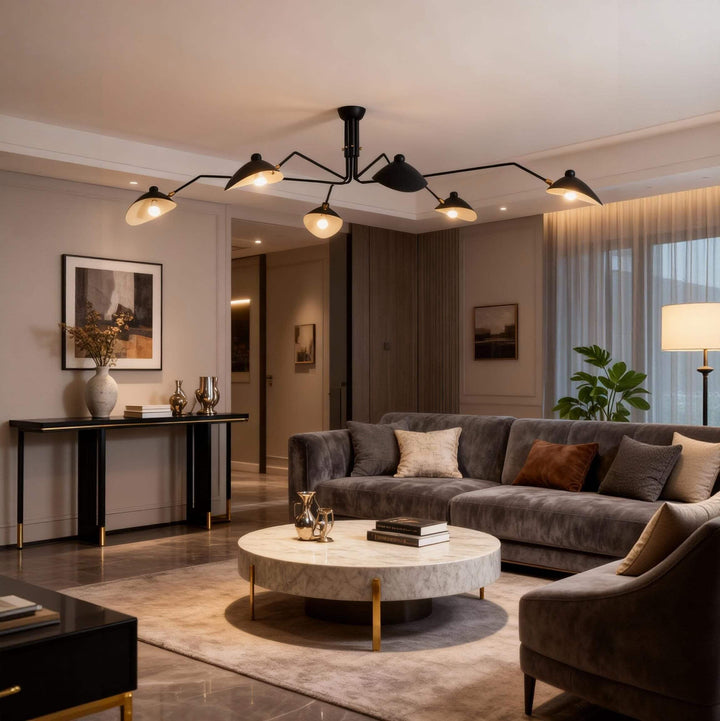 Black ceiling light with multiple angled shades above a living room sofa.
