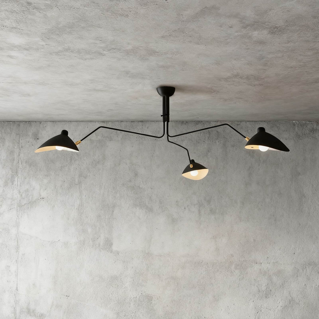 Black three-light ceiling fixture shown against a concrete wall background.