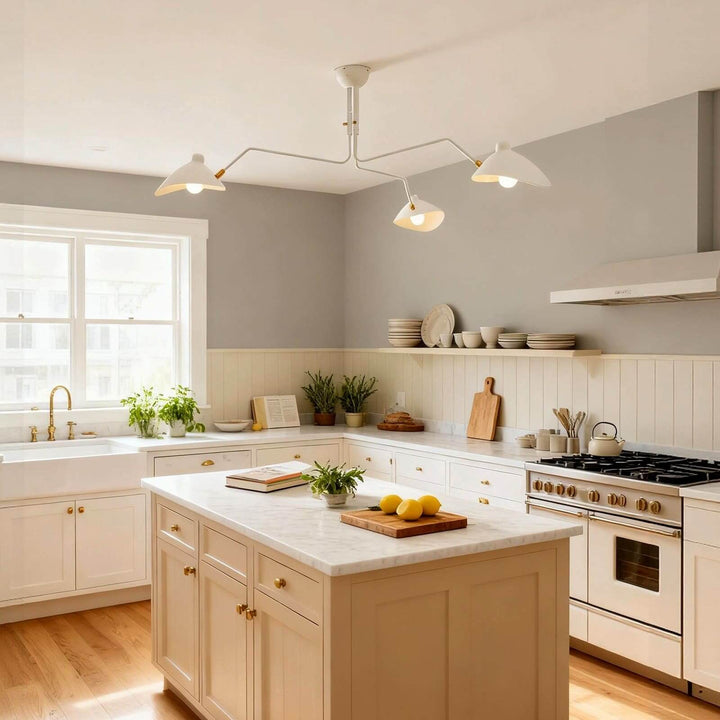 White ceiling light with angled shades installed over a kitchen island.
