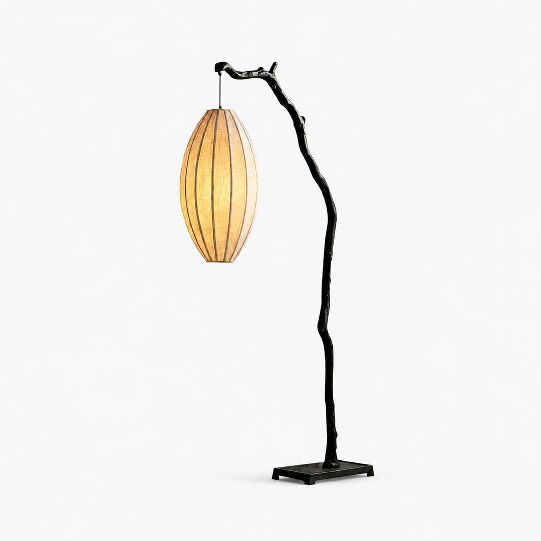 Sivon Tree floor lamp with a black branch frame and oval fabric shade on a white background.