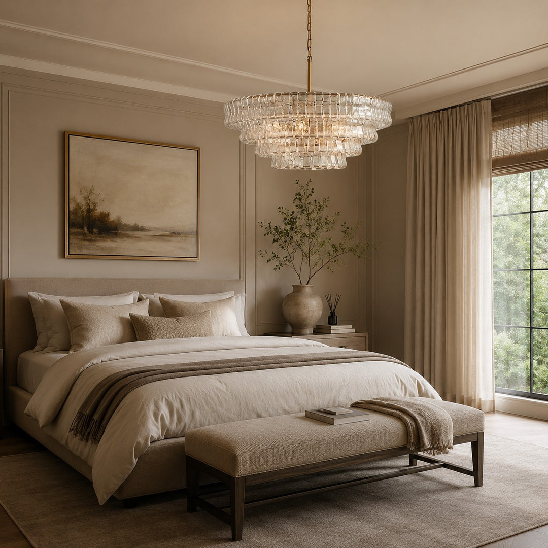 Clear glass chandelier hanging above a bed in a calm bedroom scene.