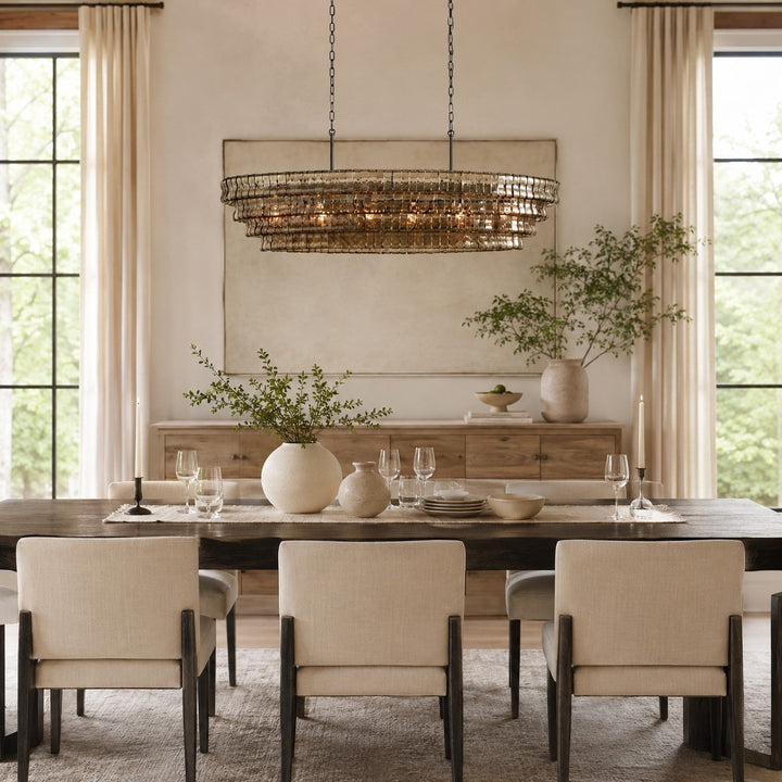 Gold tone round glass chandelier above a dining table in a bright room.
