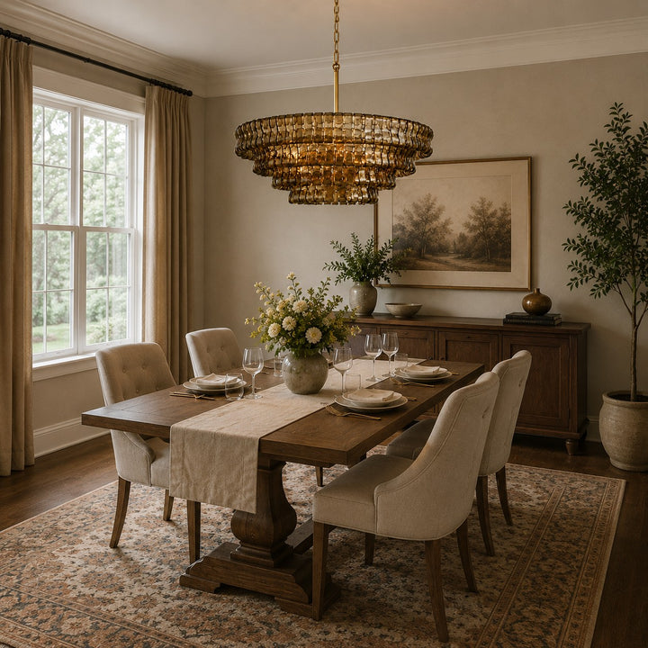Round glass chandelier hanging over a dining table in a modern dining room.