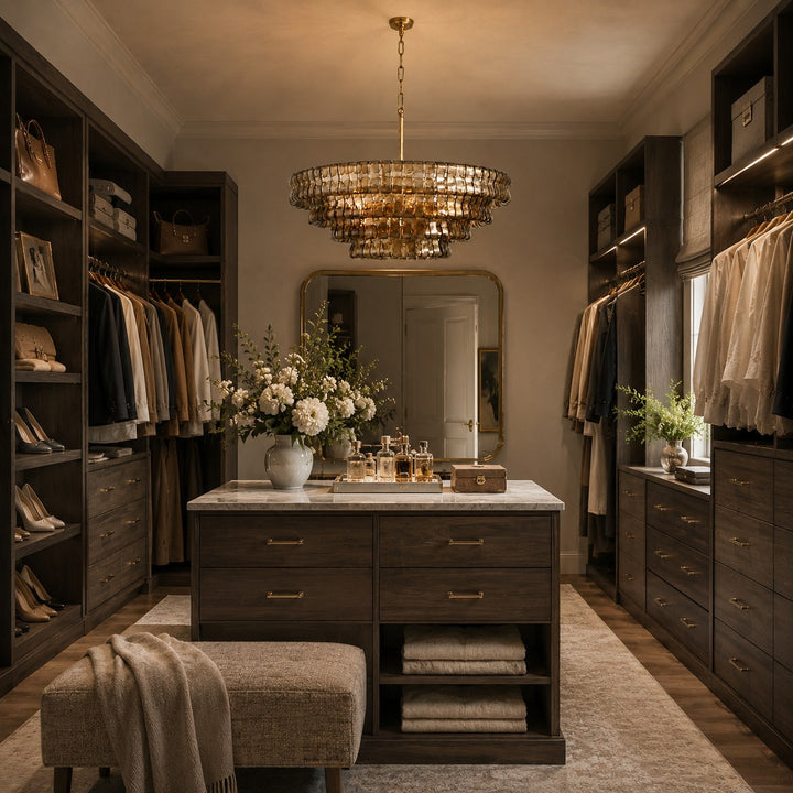 Round glass chandelier lighting a dark dressing room or closet area.