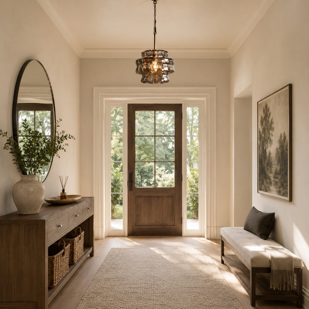 Small glass chandelier hanging in an entry foyer with a console and mirror.