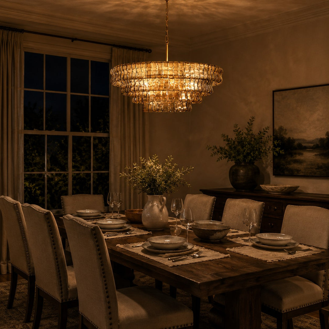 Smoky glass chandelier glowing above a dining table in an evening interior.