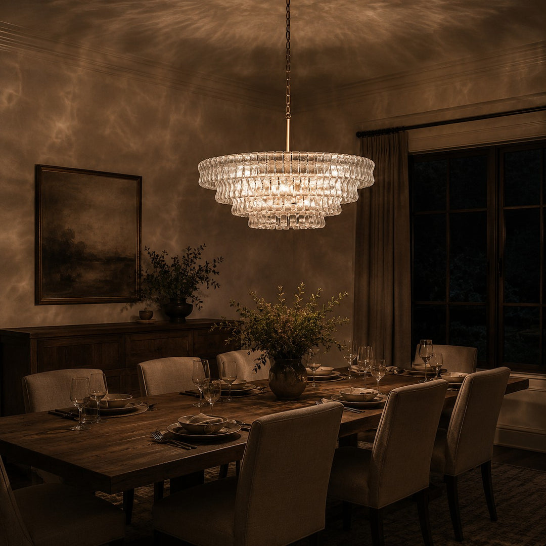 Clear glass chandelier glowing above a dining table in a warm evening room.