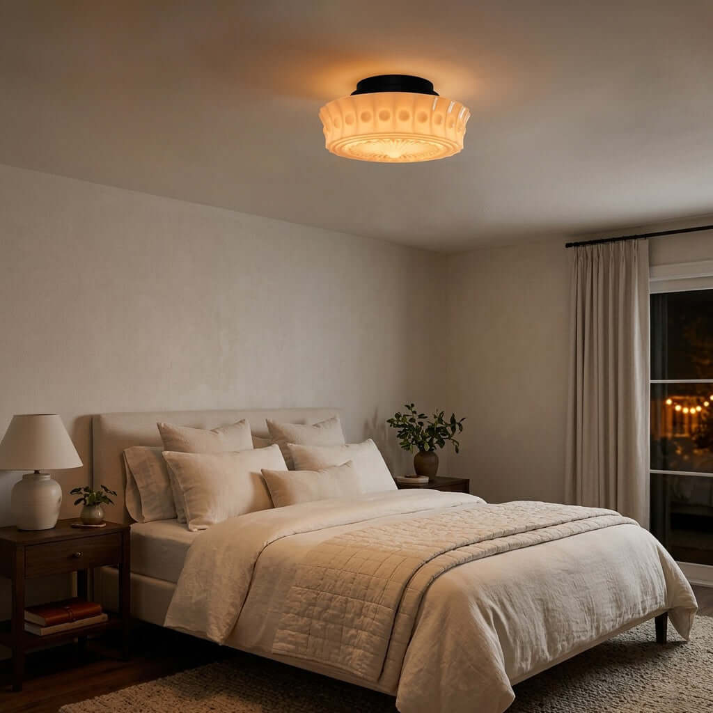 Creamy vintage ceiling light casting a warm glow over a neutral bedroom at night