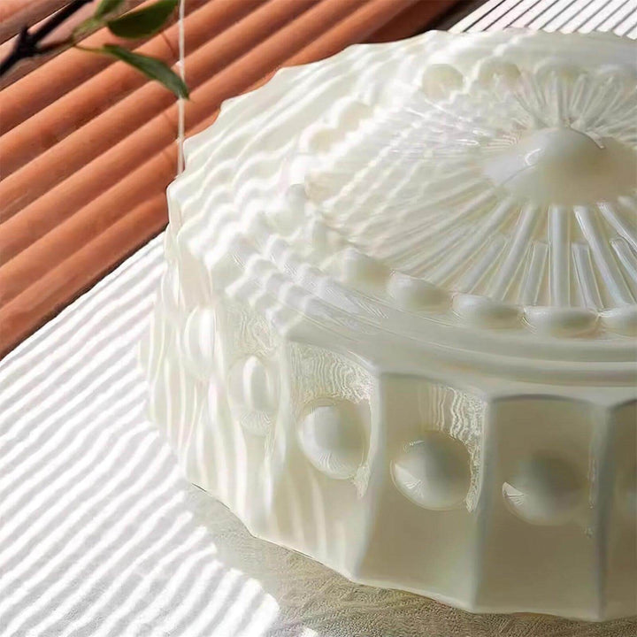 Detailed view of the glossy milk glass ceiling shade with raised floral and dot patterns