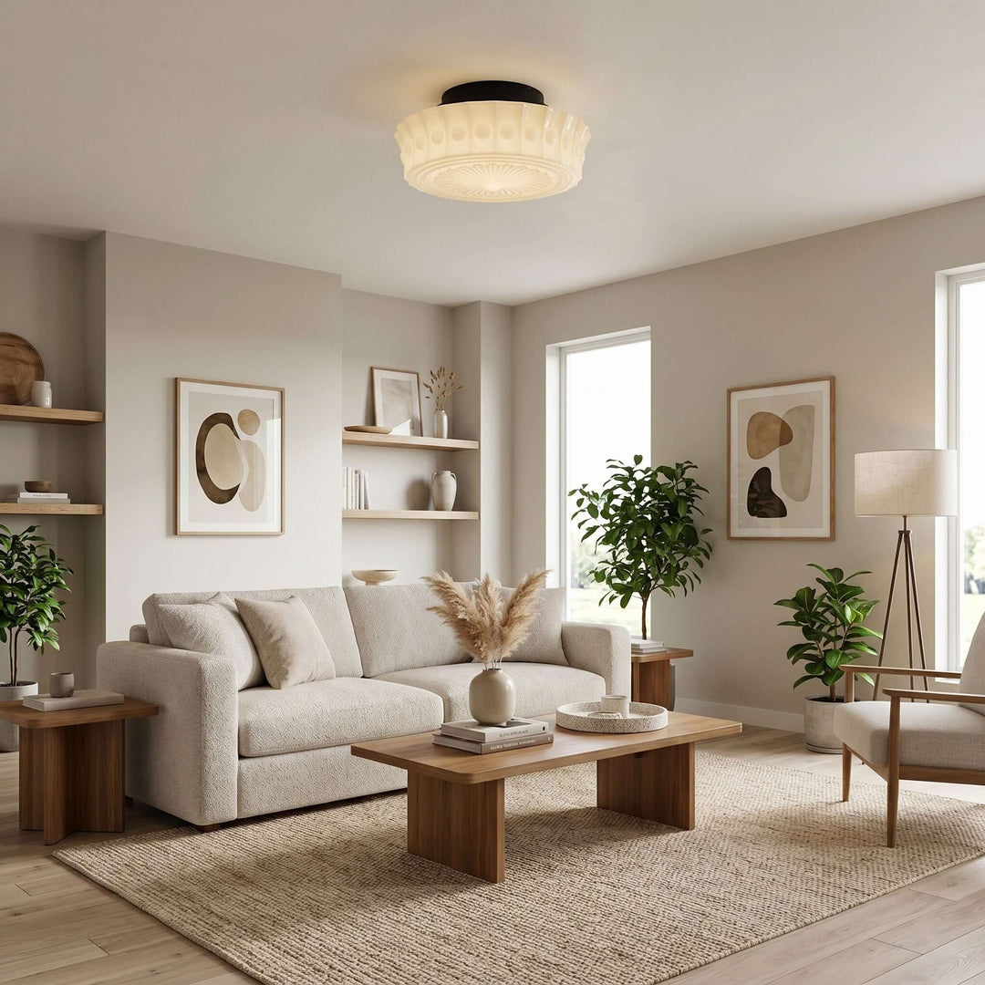 Vintage round milk glass flush mount ceiling light in a bright neutral living room