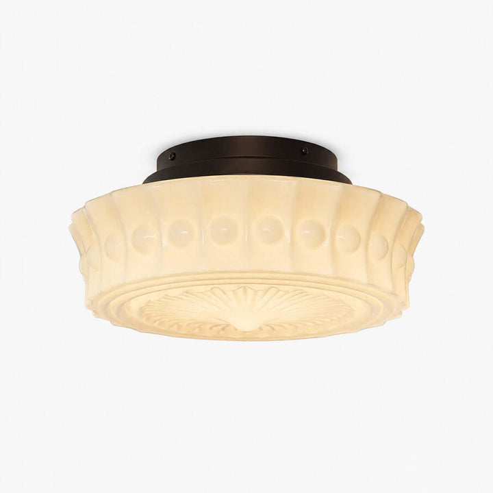 Vintage round semi-flush ceiling light with creamy patterned milk glass shade and black metal mount