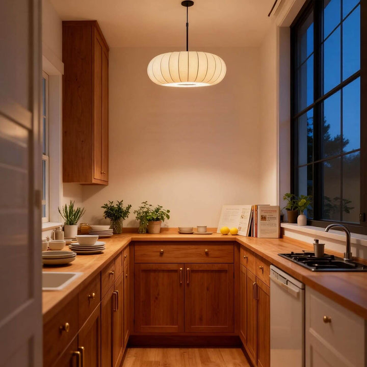 Warm white round pendant light illuminating a narrow wood kitchen at dusk