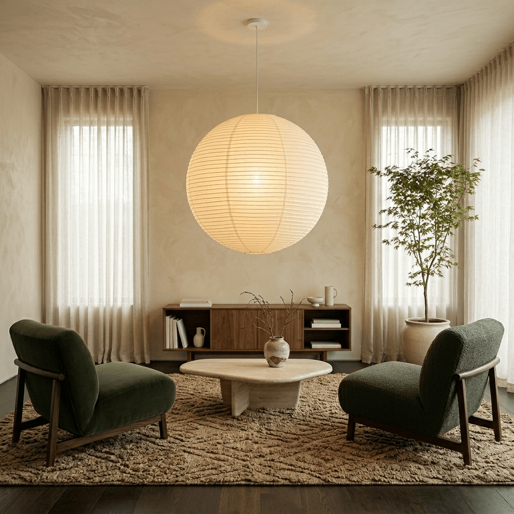 Warm modern living room with a washi paper globe pendant light
