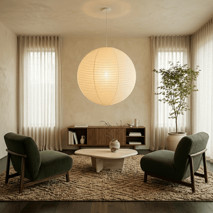 Warm modern living room with a washi paper globe pendant light