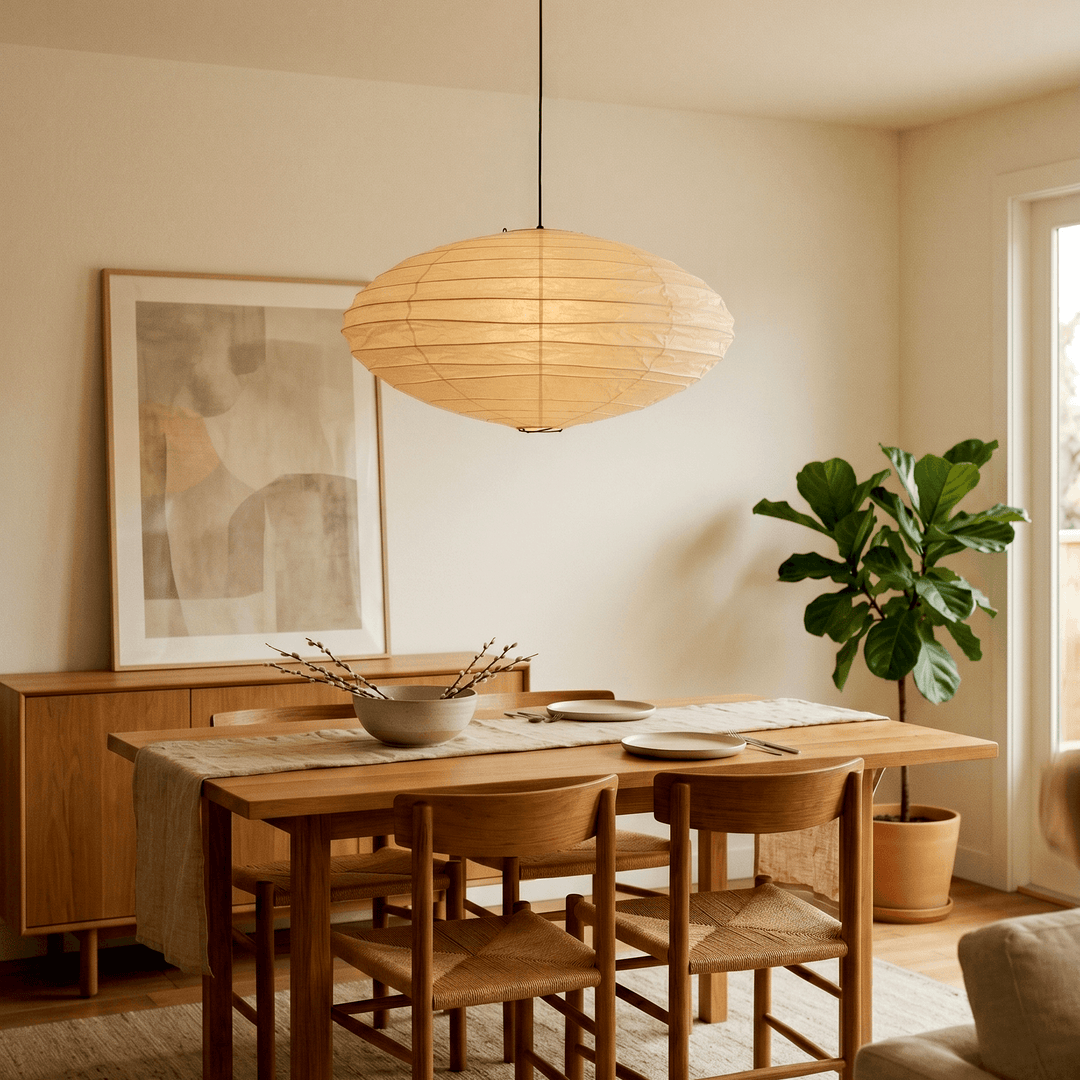 Warm washi paper pendant light above a styled dining table.