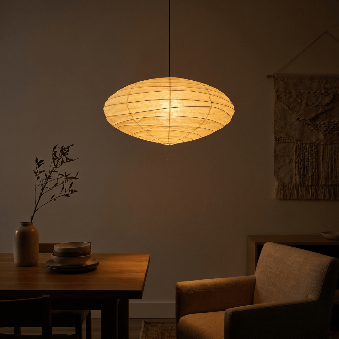 Warm washi paper pendant light near a dining table and lounge chair.