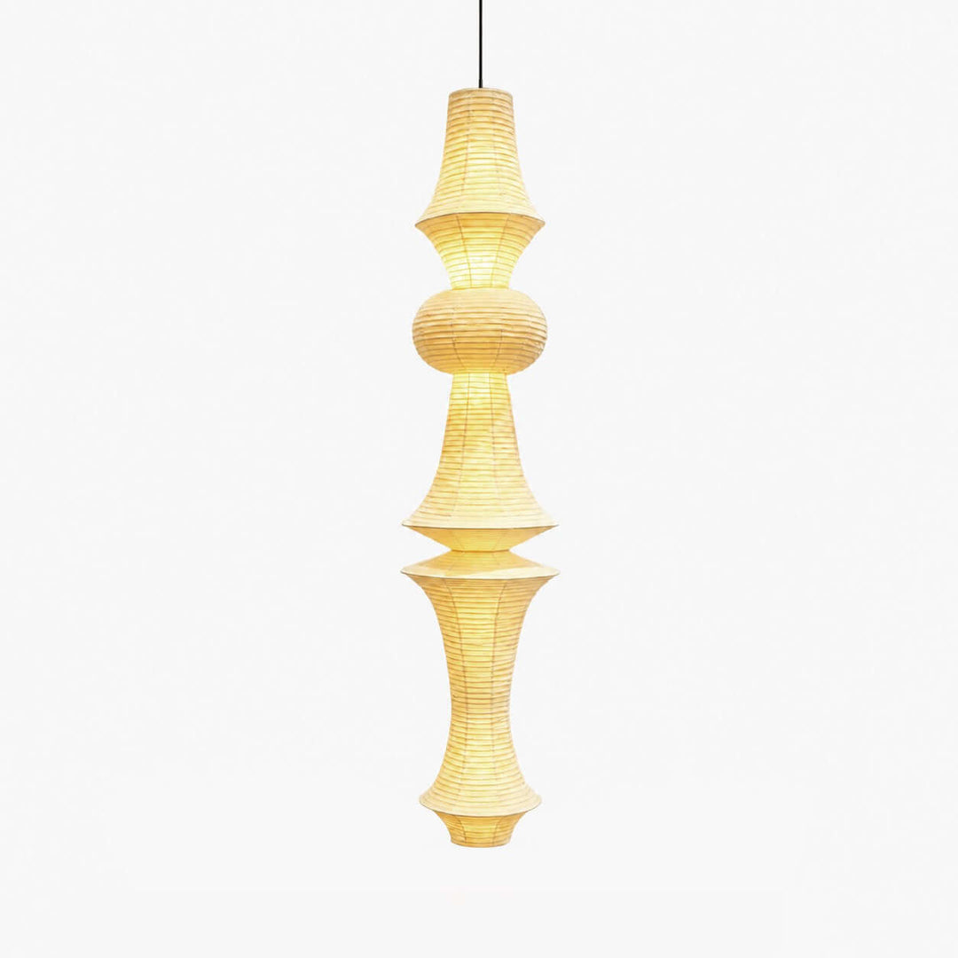 Washi Paper Corner Pendant Light with a sculptural elongated shade, yellowish paper and a black hanging cord
