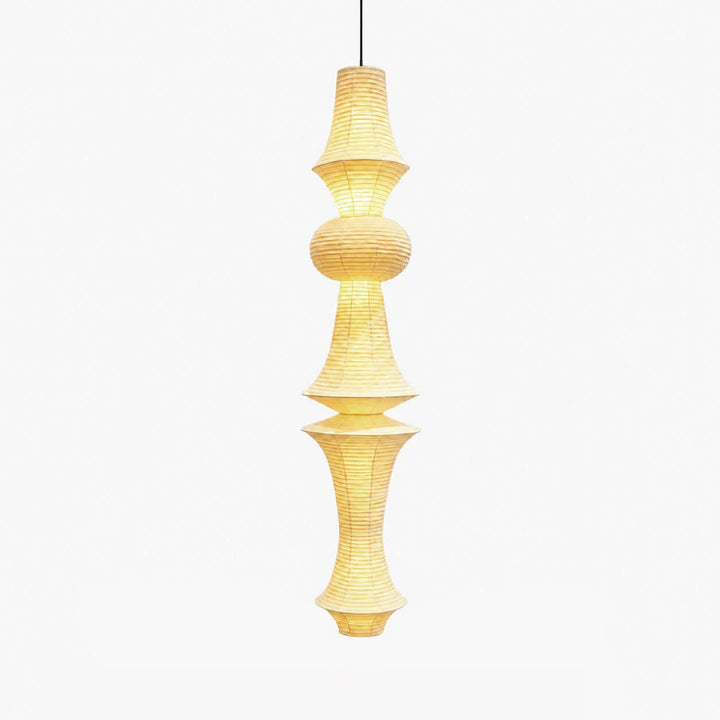 Washi Paper Corner Pendant Light with a sculptural elongated shade, yellowish paper and a black hanging cord