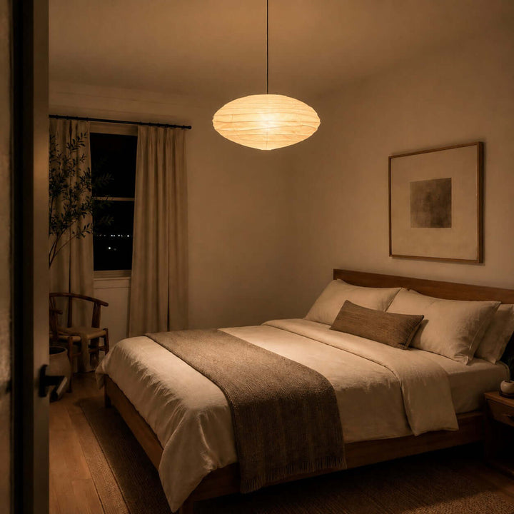 Washi paper pendant light glowing in a bedroom at night.