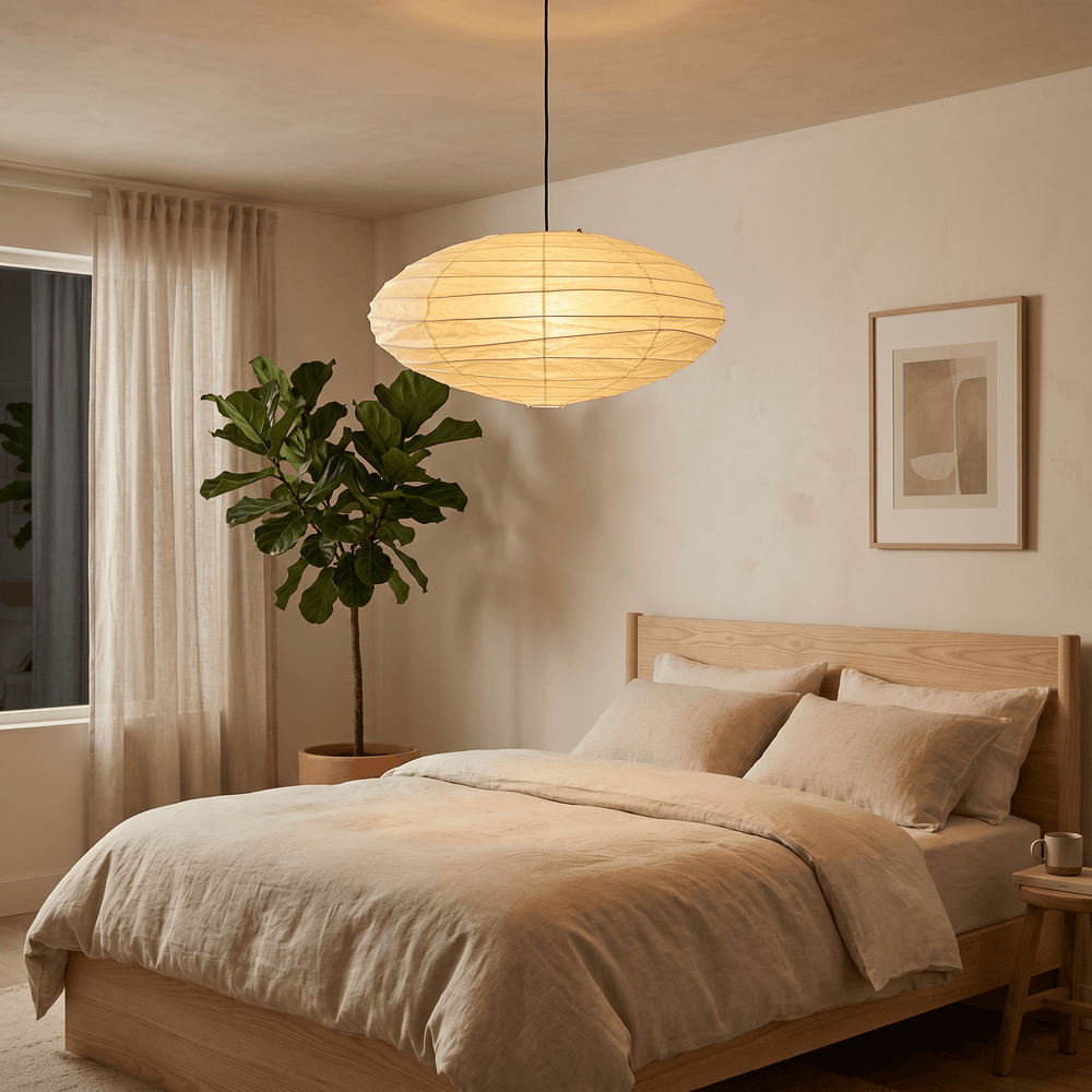 Washi paper pendant light glowing above a neutral bedroom.