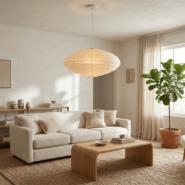 Washi paper pendant light in a bright living room with a sofa and wood table.
