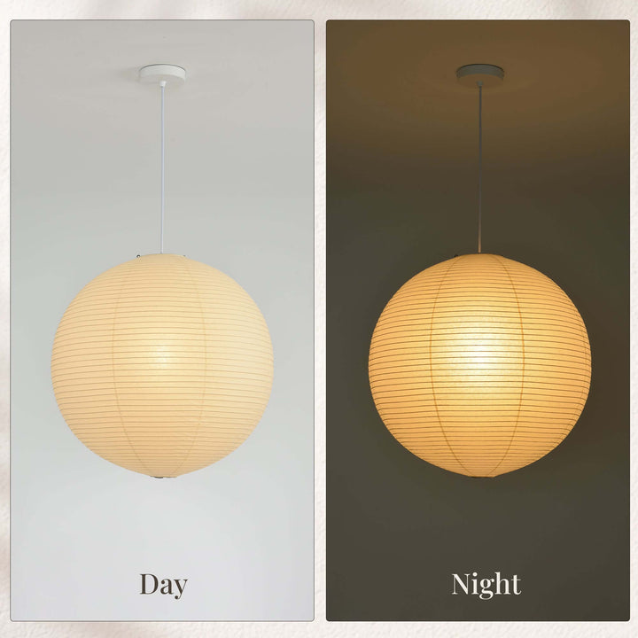 Washi paper globe pendant light shown in day and night settings