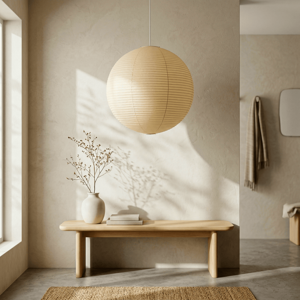 Washi paper globe pendant light above a Japandi console table