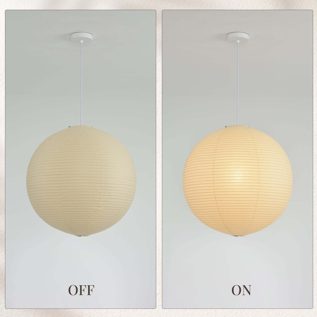 Washi paper globe pendant light shown off and on