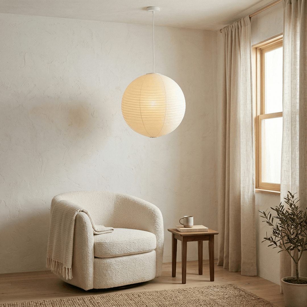 Washi paper globe pendant light in a minimalist reading corner