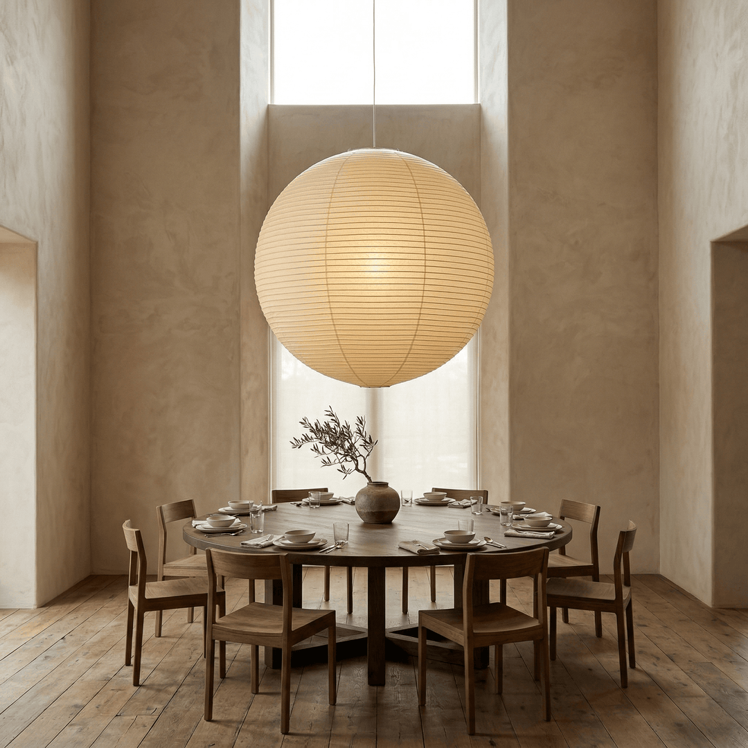 Washi paper globe pendant light above a round dining table