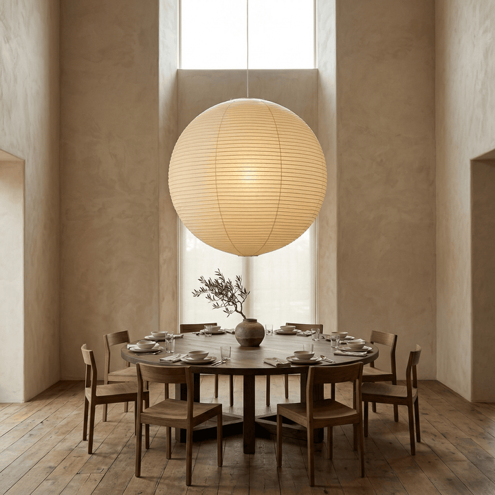 Washi paper globe pendant light above a round dining table