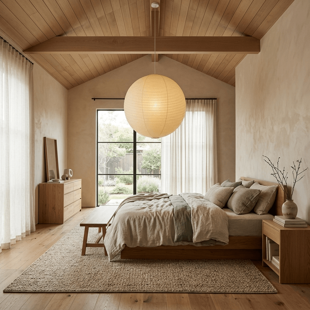Large washi paper globe pendant light in a vaulted ceiling bedroom