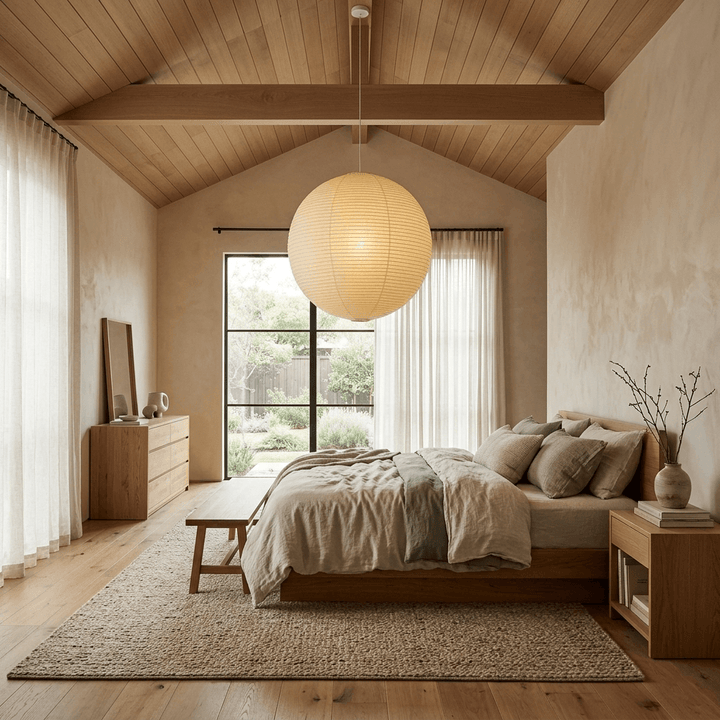 Large washi paper globe pendant light in a vaulted ceiling bedroom